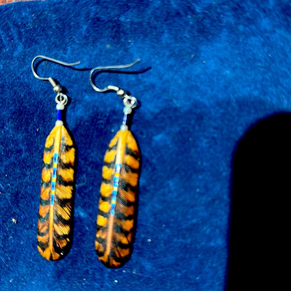 Hawk feather earrings pressed on wood.